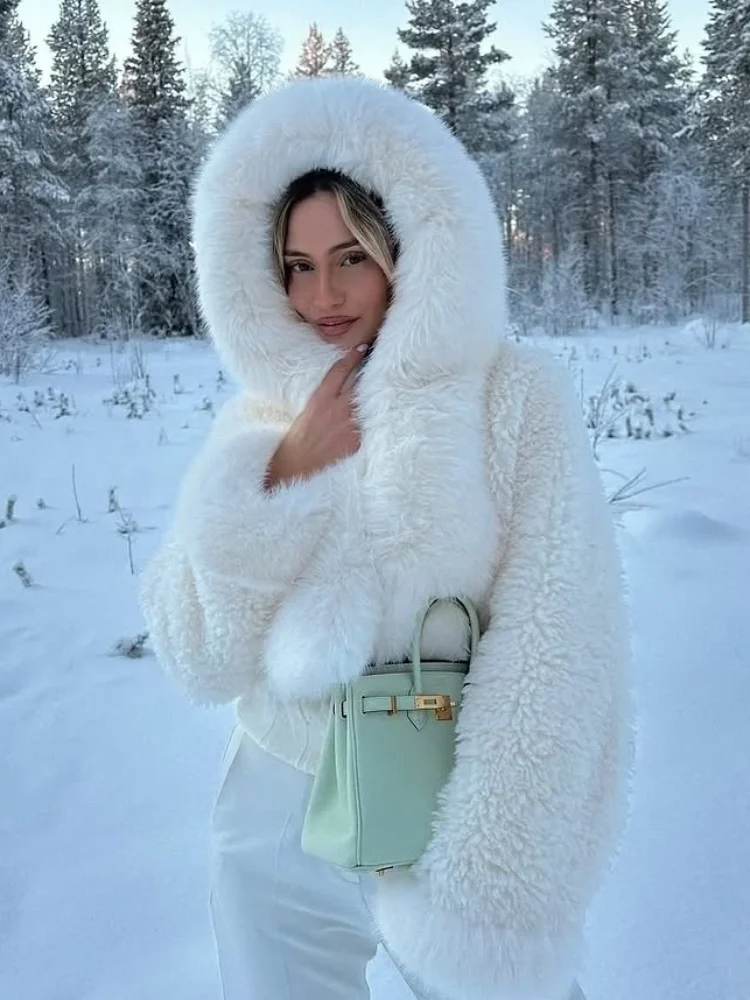 

Зимняя белая куртка из искусственного меха с капюшоном, женская модная пушистая лоскутная толстая теплая пушистая плюшевая короткая куртка, женская уличная одежда