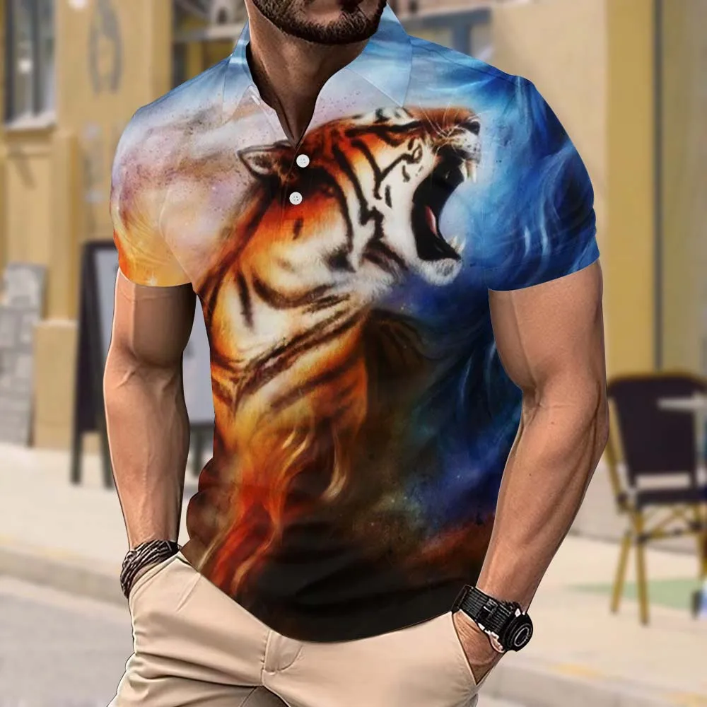 Summer Casual Polo Shirt Tiger Head Print Short-sleeved Top Quick-drying Breathable Pullover Street Loose Polo Shirt Men's Wear