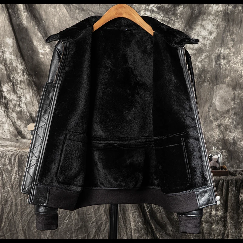 Black Winter Leather Jacket Men Military Style Plus Size 5XL Genuine Natural Thick Sheepskin Wool Turn-Down Collar Flight Coat