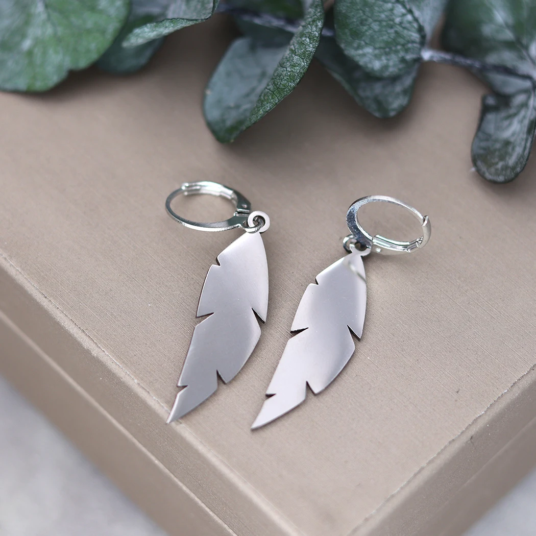 Kinitial Stainless Steel Trendy Feather Leaves Drop Earrings For Women Korean Jewelry Bohemia Earring
