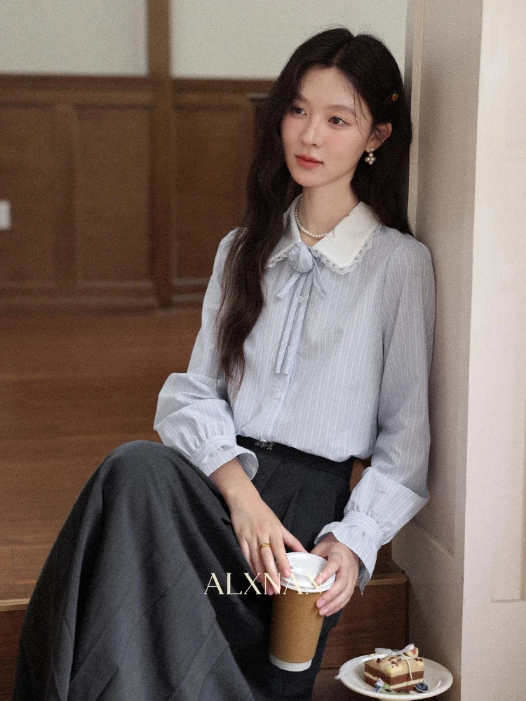 

ALXNAN Blue Striped Long Sleeve Shirt Lace Trimmed Lapel Flared Cuffs Cotton Office Lady Blouses 2025 Fall Female Tops L57113