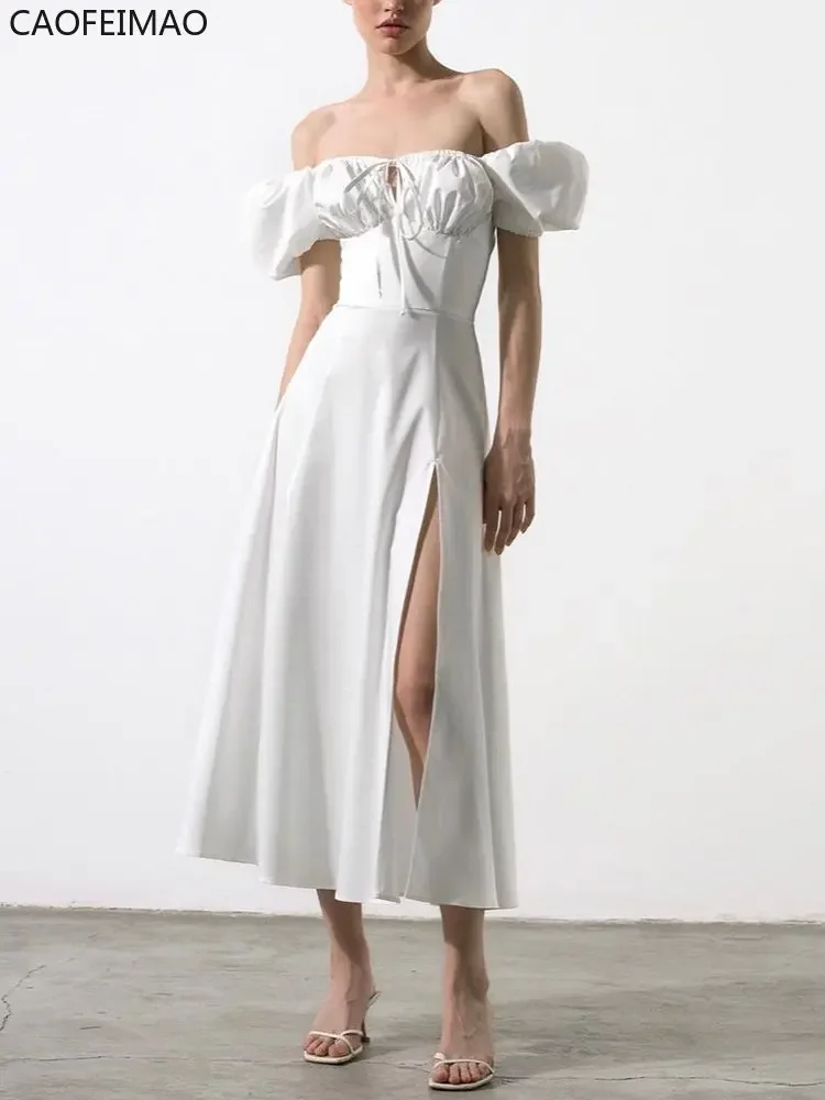 

2025 Puff Sleeve White Dress Off Shoulder Cut out Tie Up Side Split Ruched Long Dress Robe Femme Summer Dress for Women Sexy