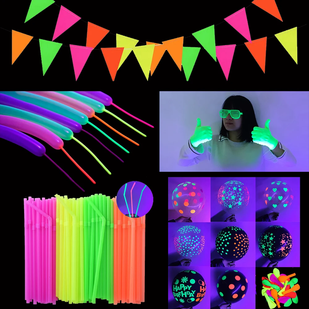 UV Light Party Decor Supplies Neon Streamer Fluorescent Garland Neon Straws Gloves Dark light Latex Balloon