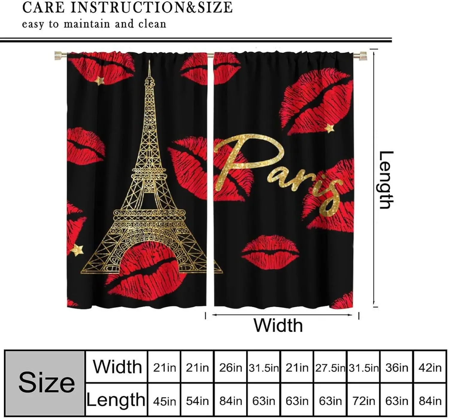 Lips Paris Curtains, Red Heart Fashion Romantic France Eiffel Tower Window Treatments, Thermally Insulated Drapes for Kids Girls