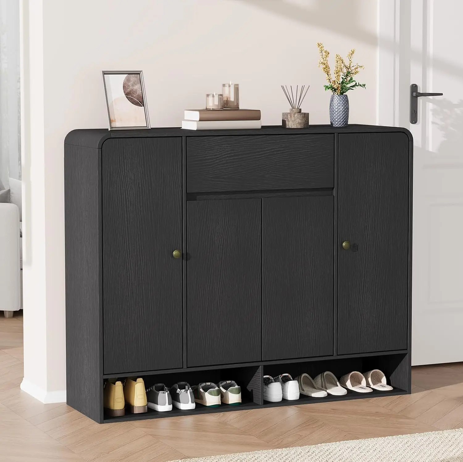 Shoe Cabinet with 4 Doors and 1 Drawer, Freestanding Wood Shoe Storage Organizer with Open Bottom Shelf, Modern, Customized