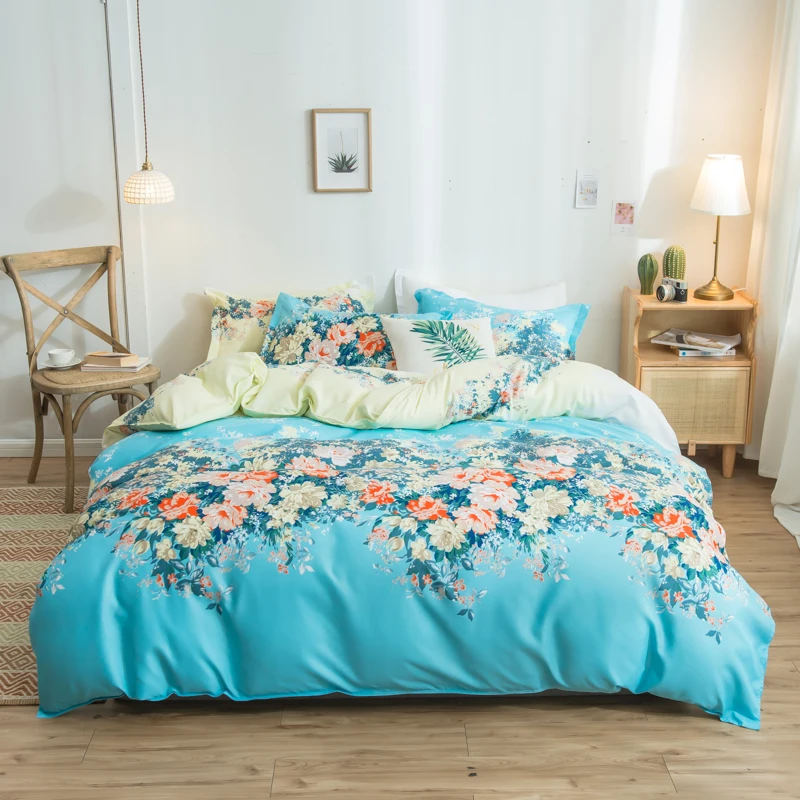 Colorful Floral Duvet Cover Set Home Cotton Bedding Comfortable Soft Breathable 1 Duvet Cover 2 Pillowcases Machine Washable