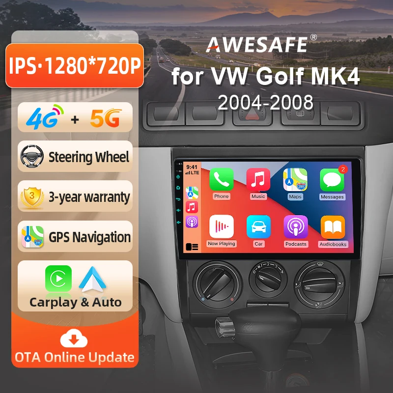 AWESAFE Radio Android 9 pouces pour VW Volkswagen Golf 4 Mk4 Jetta 2004-2008, CarPlay sans fil et Android Auto, navigation GPS, support multimédia, commande au volant, amplificateur de subwoofer, caméra arrière, prise EU, Plug and Play, autoradio numérique DAB+, autoradio 2 DIN, autoradio stéréo