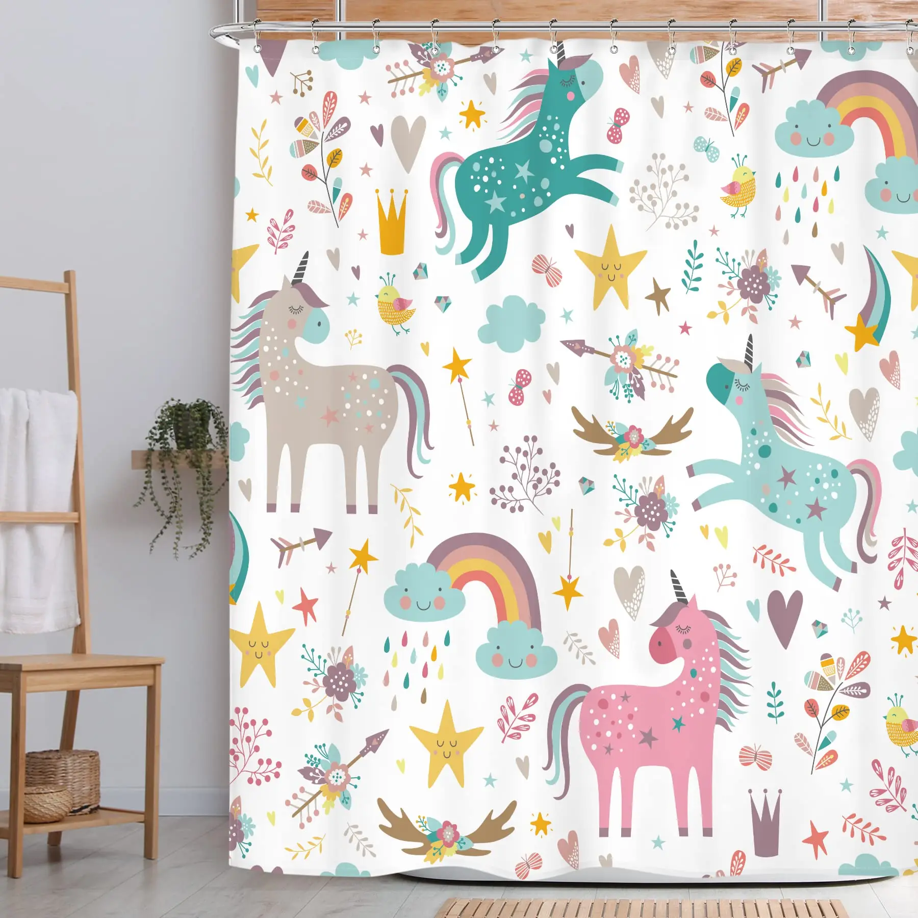 Unicorn Shower Curtain Kids Girls Funny Fairy Cartoon Fantasy Colorful Baby Animal Rainbow Bathroom Home Decor Fabric Waterproof