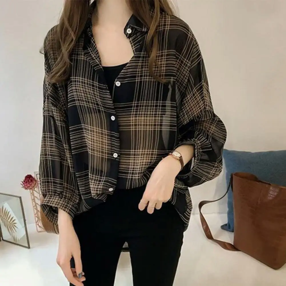 Ladies Blouse  Amazing Plaid Pattern Loose Thin Office Blouse Shirt  Versatile Office Top