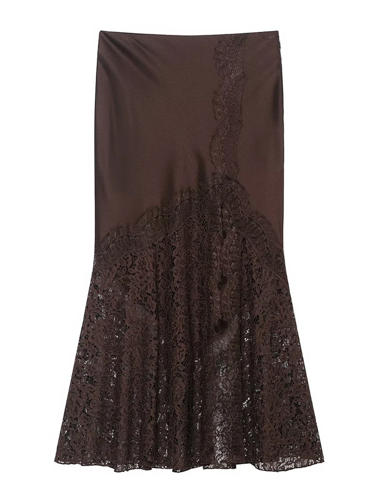 HH Fashion Sexy Women Brown Satin Lace Midi Skirt 2026 Spring Summer Female Hollow Out Patchwork High Waist Party Evening Skirt