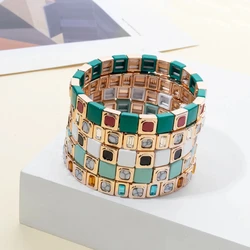 2024 New Fashion 8*8mm Alloy Elastic Bracelet for Women Gold Color Inlaid Rhinestone Bangle Natural Stone Women Jewelry Gift