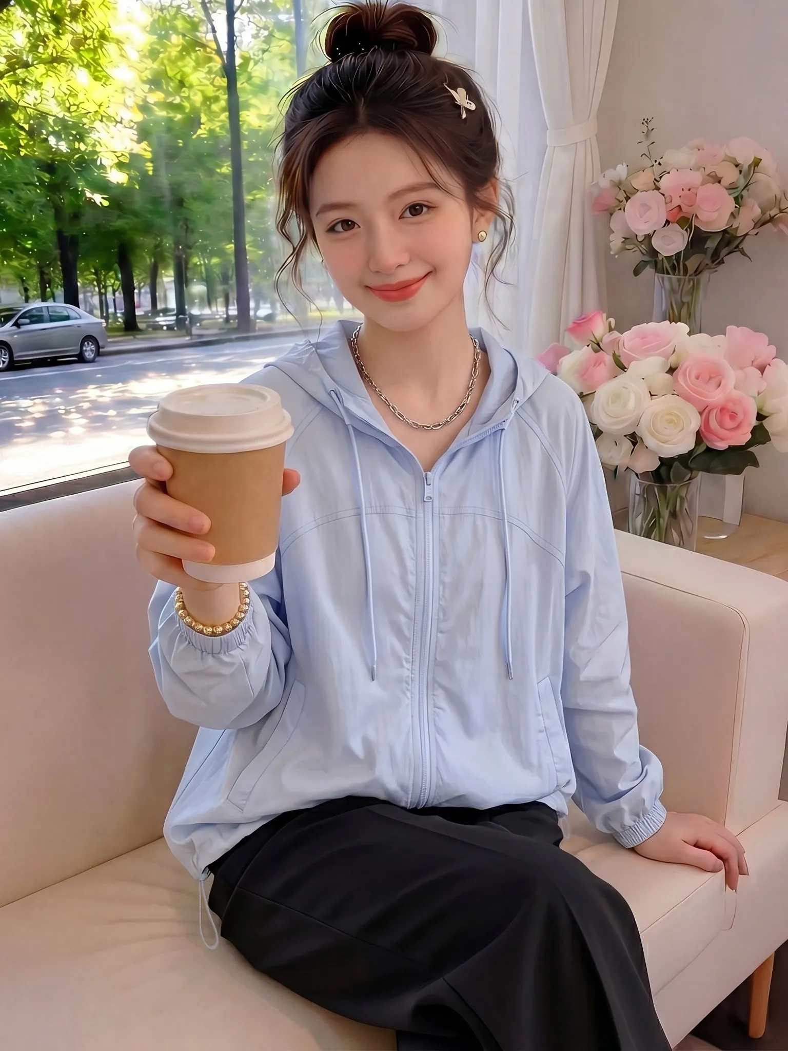 

Women's Summer Fashionable Loose Sun Protection Coat Breathable Long Sleeve Casual Straight Cut Zipper Closure Color