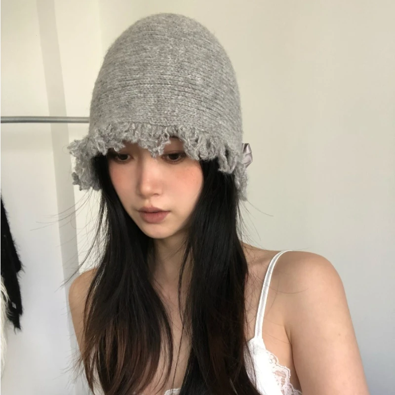 New Retro Gray Tassel Knitted Pile Cap Women Korean Version Autumn Winter Versatile Woolen Hat Bucket Cap Unisex Y2k Girls