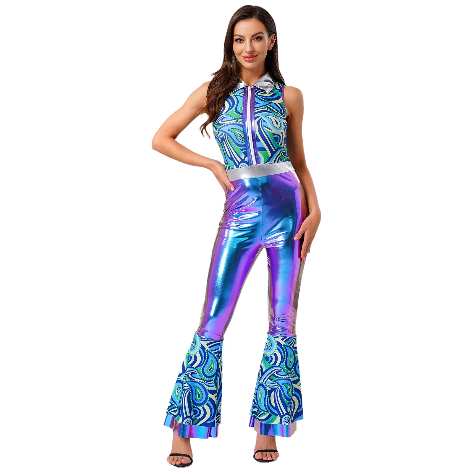 

Women's Vintage 70s Disco Jazz Tango Dance Costumes Shiny Patchwork Flared Long Pants Jumpsuit for Club Party Disco Performance