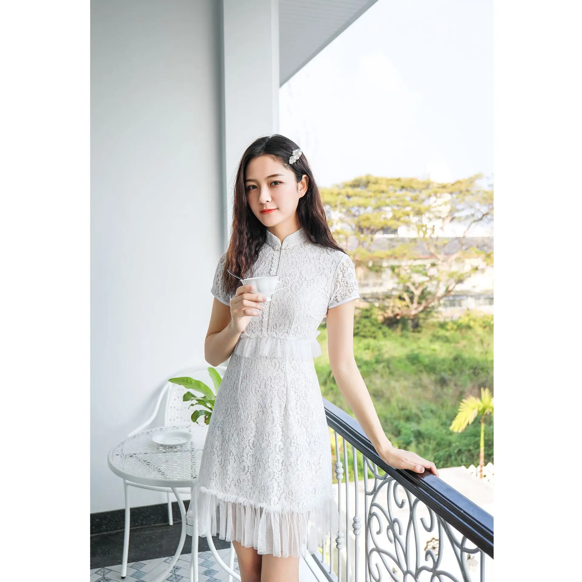 

Sexy White Mesh Qipao dress Womens Vintage Lace Cheongsam Chinese Modern Qi Pao Evening Dress For Oriental Ladies AS8585