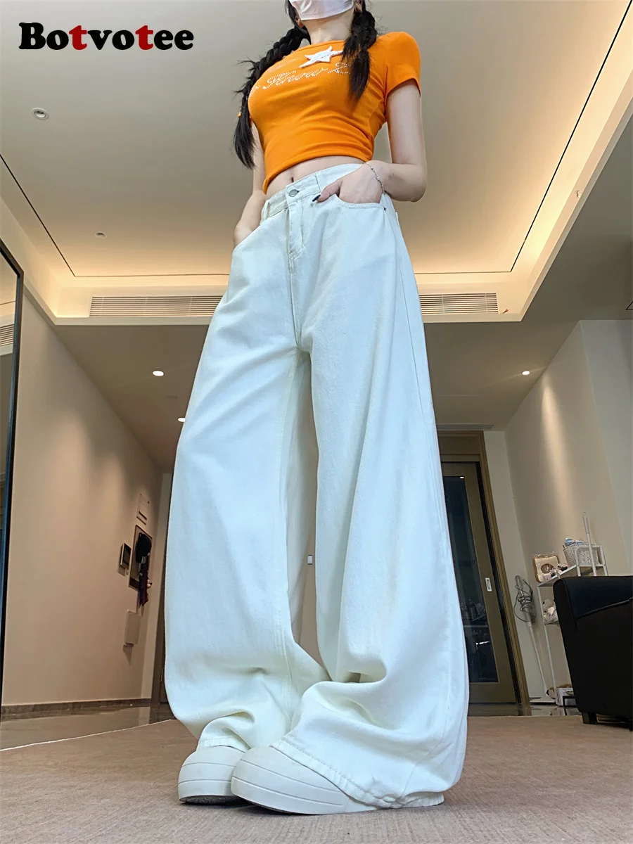 

Botvotee белые мешковатые классические джинсы для женщин 1950-х/1960-х годов ретро американские джинсовые брюки с высокой талией винтажные свободные широкие джинсы