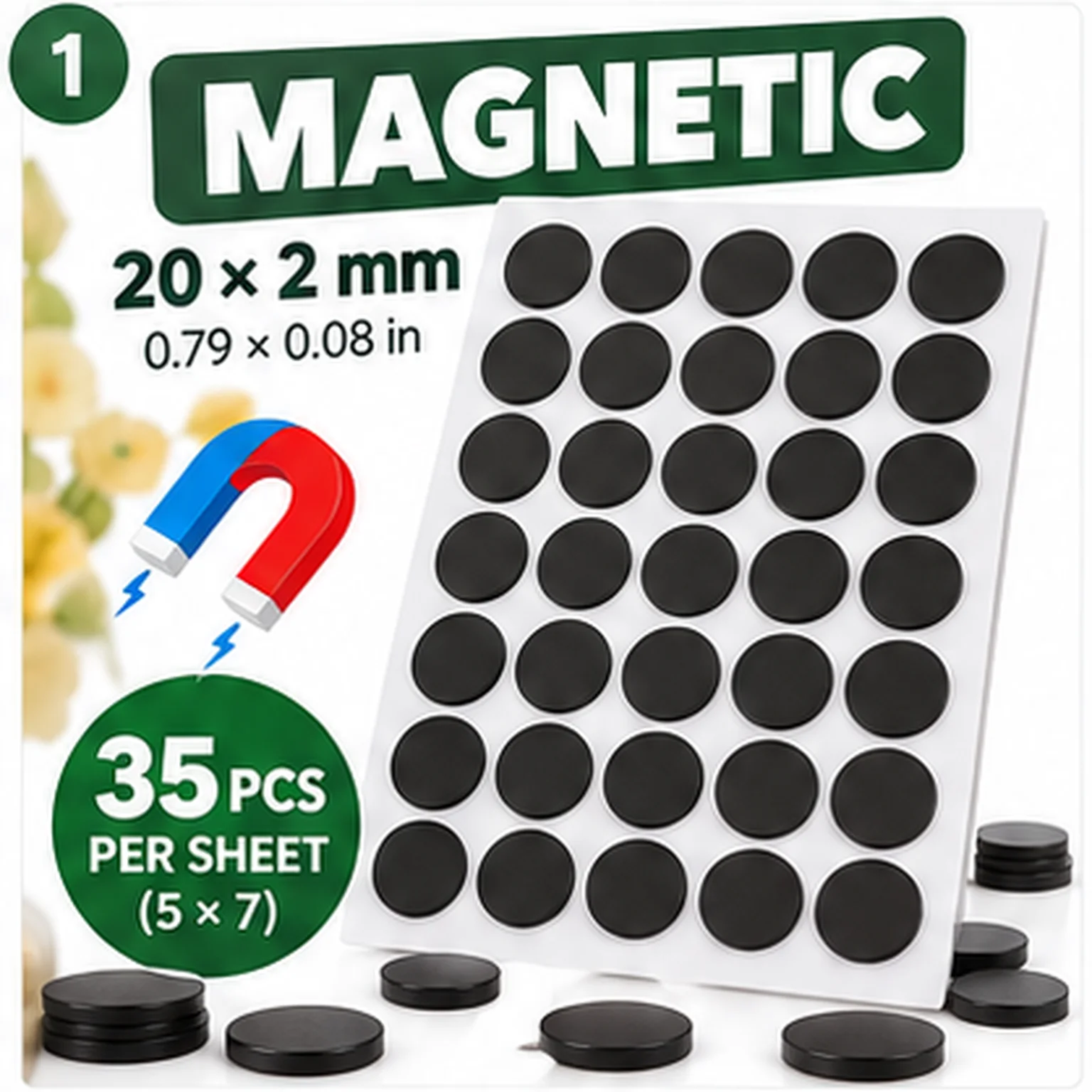 20mm X 2mm Round Magnetic Dots, Self Adhesive Flexible Magnet Stickers, 35 Pcs/Sheet for Photos, Crafts, Fridge, Office
