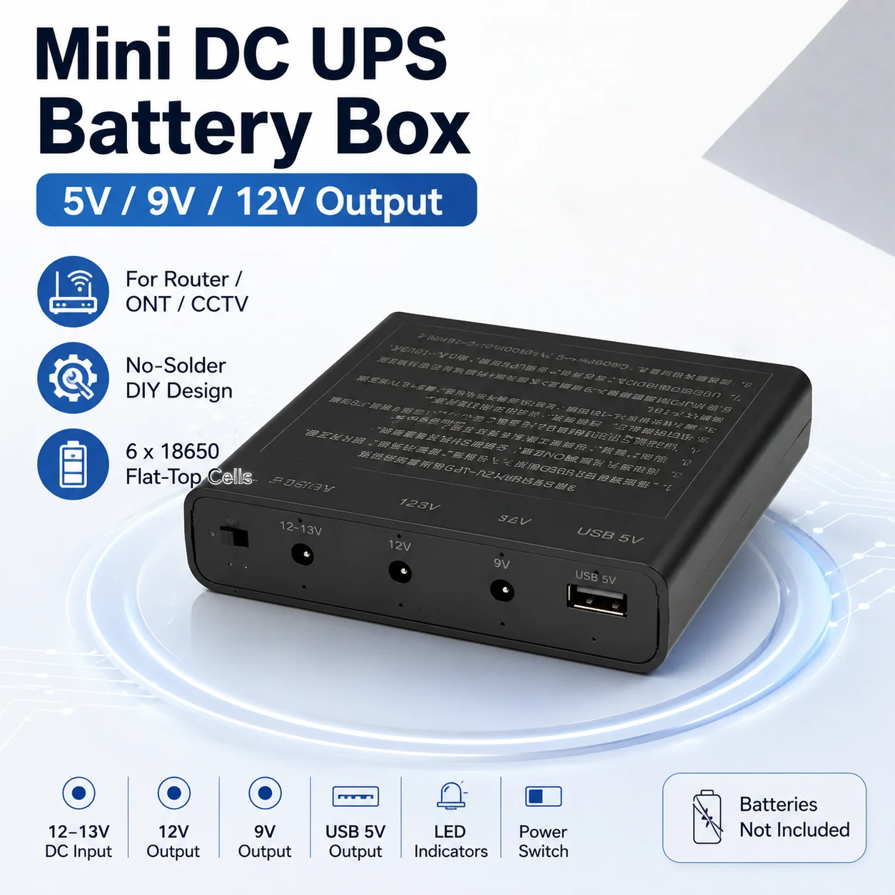 6x18650 Mini DC UPS Battery Case 12V 9V USB 5V Output Battery Not Included for WiFi Router ONT Camera