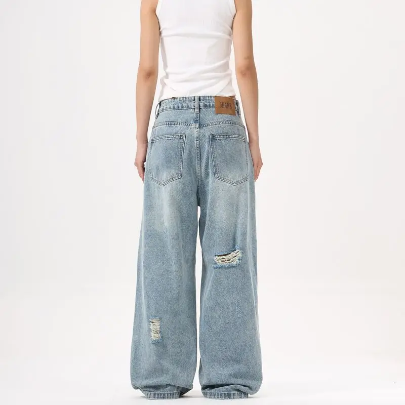 American style patchwork deconstruction baggy jeans ripped jeans for men and women loose wide leg unisex straight leg