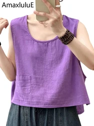 Amax LuluE Korean Summer Womens Fashion Tank Tops Loose Casual Sleeveless O Neck Cotton T-shirts Ladies Classic Solid Clothing