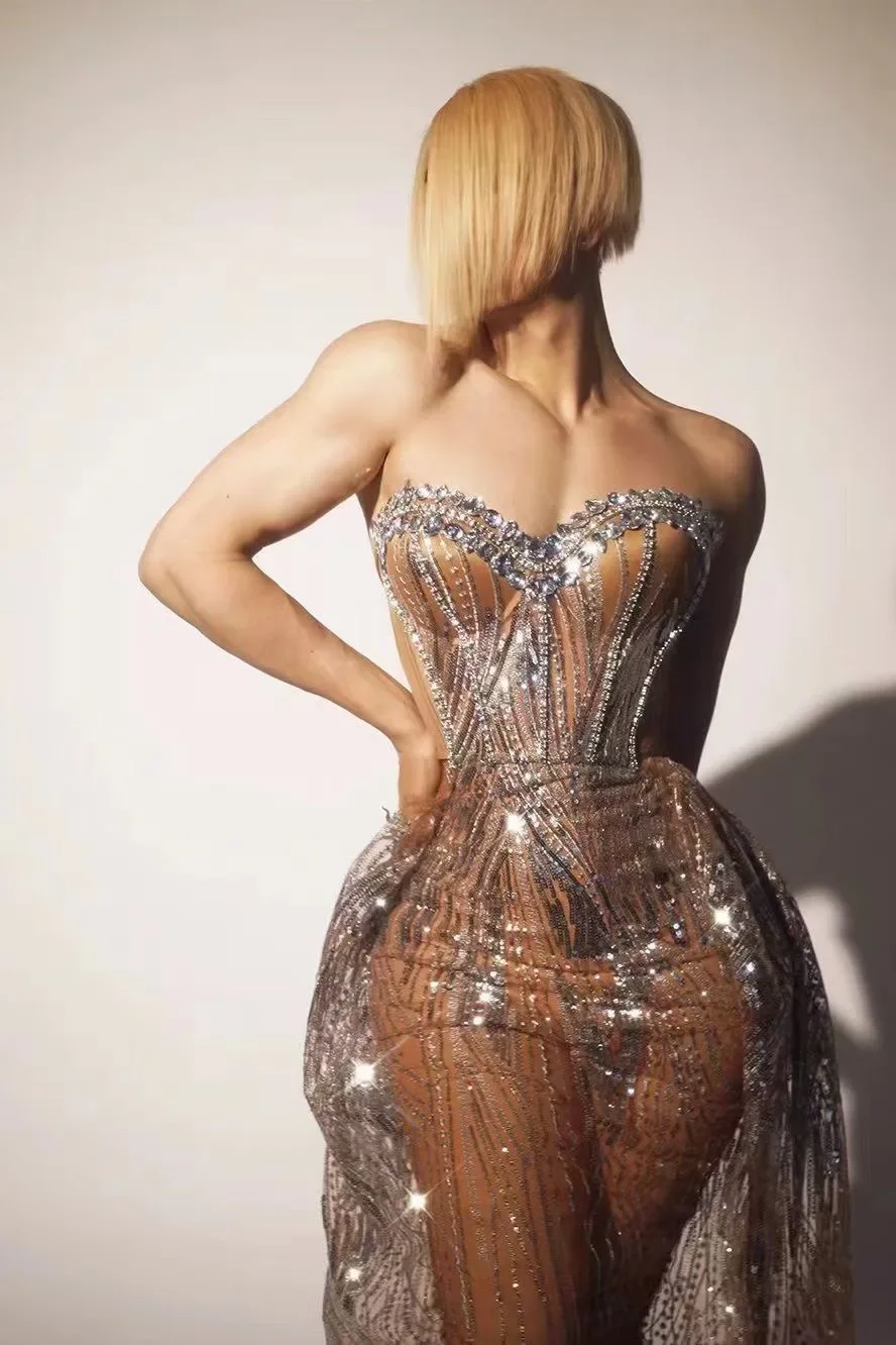 Party Dress Women Celebrity Silver Sequins Diamond Strapless Prom Gown Singer Two Pieces Stage Outfit Club Show Wear