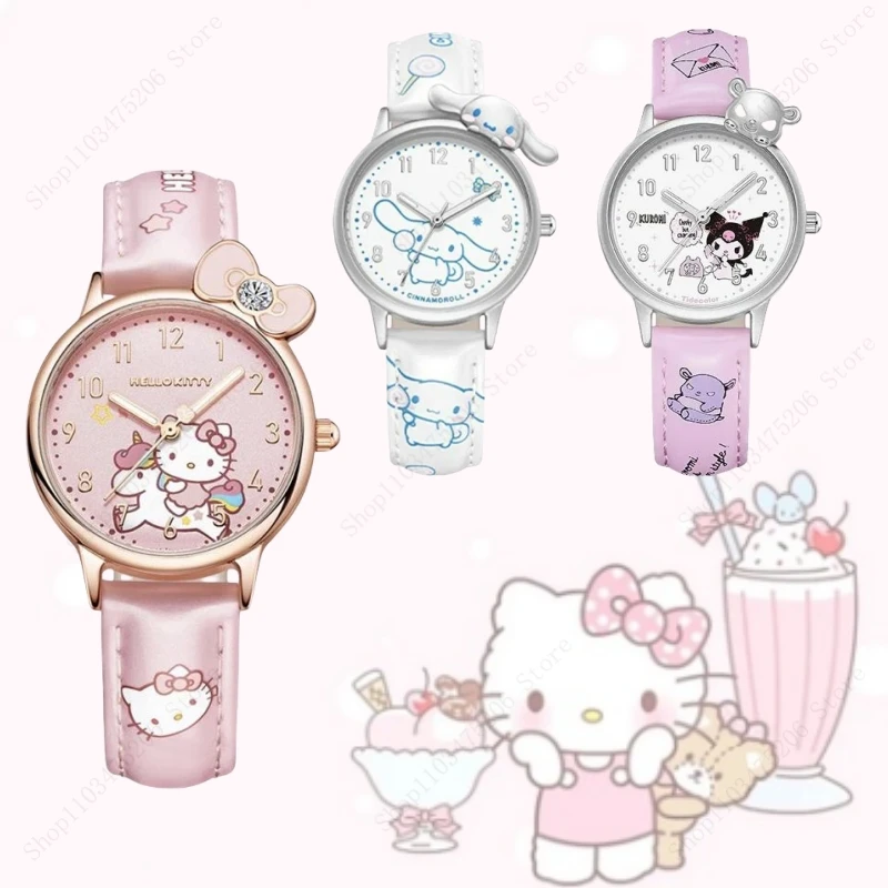 Cartoon Water Resistant Watches Anime Figure HelloKittys Kuromi Cinnamoroll High Quality White Leather Watch Girl Gifts