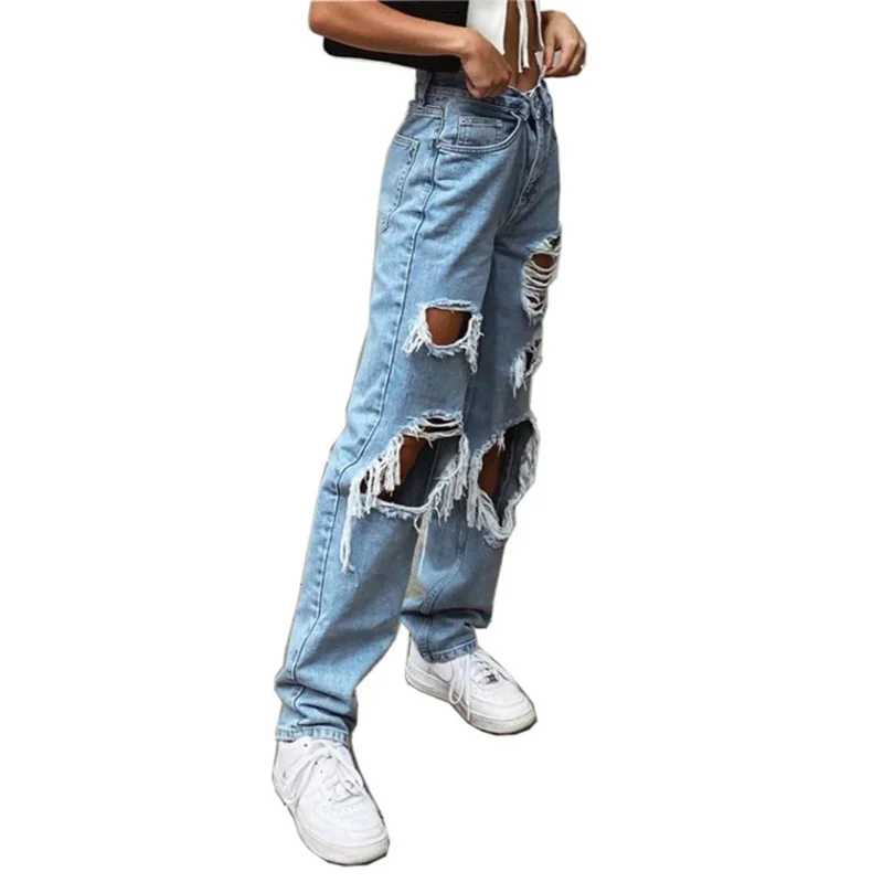 Vintage Broken Holes Hollow Out Straight Jeans Women Loose High Waist Denim Pants Summer Casual Female Trousers Trend Streetwear