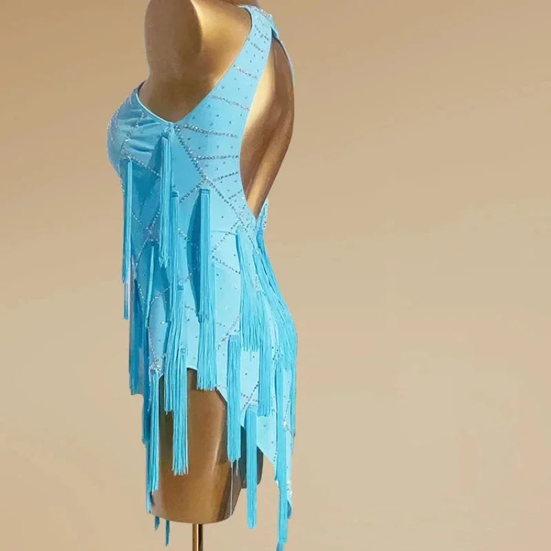 Lateinamerikanisches Tanzwettbewerbskleid für Damen, professionelles Strass-Blumen-Fransenkleid, Erwachsenen-Performance-Kostüm für Rumba und Cha-Cha