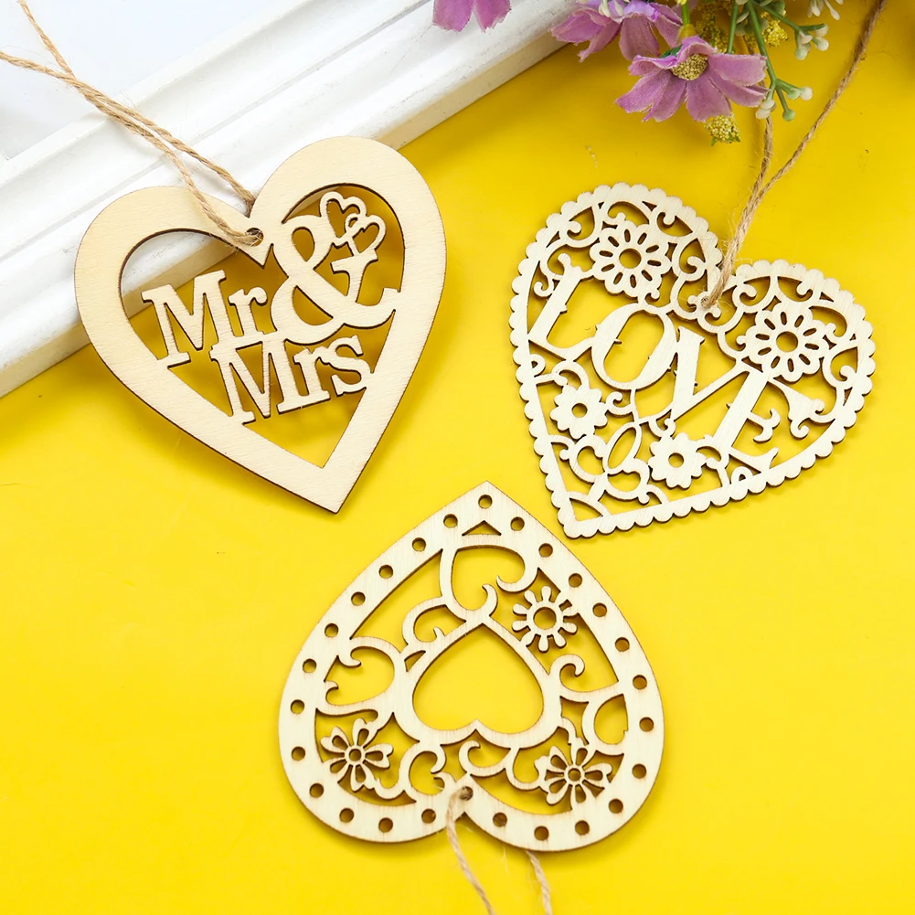 8cm Natural Wood Laser Cut Hollow Out Heart Love Hanging Wedding Ornament Wall Home Decor Couple Valentine's Day Fastival Gift