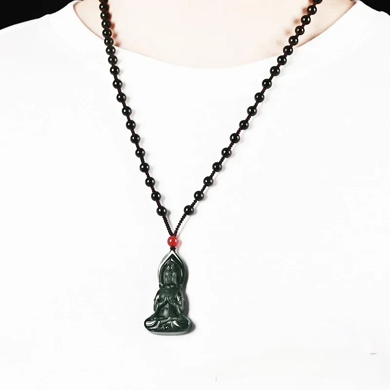 Myanmar Hotan Jade Blauw Wit Guanyin Bodhisattva Hanger Handsnijwerk Driedimensionale Guanyin Ketting Bewaker Veiligheid Amulet