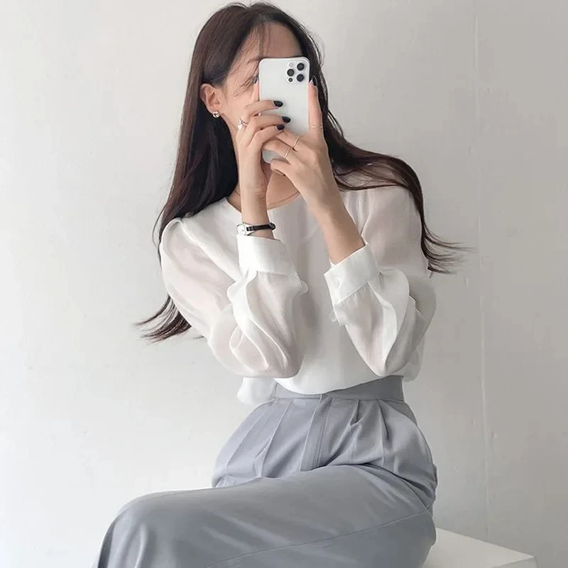 Spring Summer Fenimine Korea Chic Tops Blusas Women Fashion Long Sleeve Solid Sheer Mesh Shirt Blouses