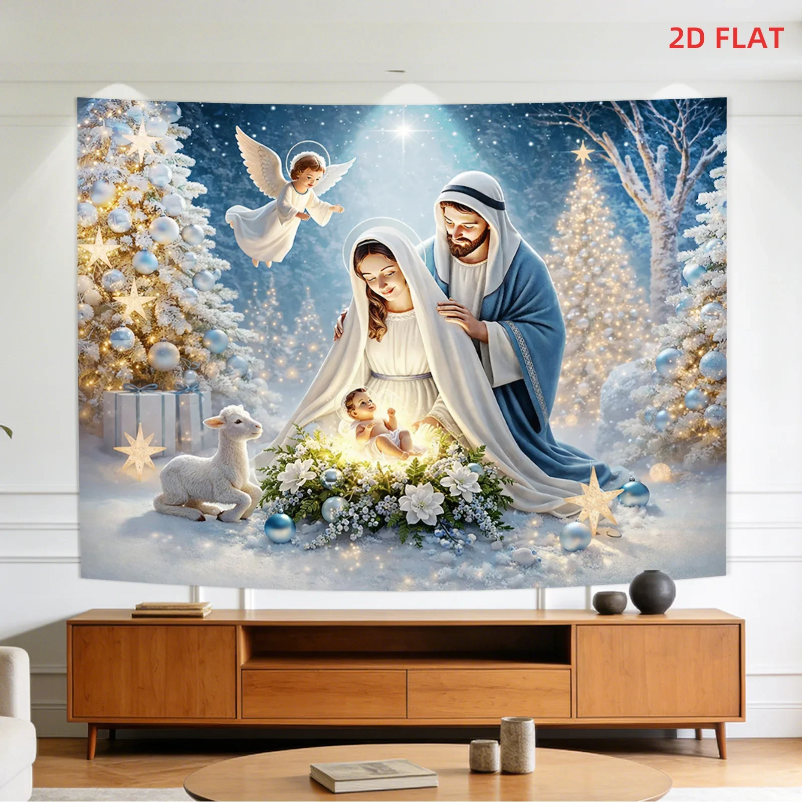 Holy Family Tapestry, Christmas Nativity Scene Wall Hanging, Baby Jesus Decor, Religious Xmas Backdrop, Winter Angel Poster