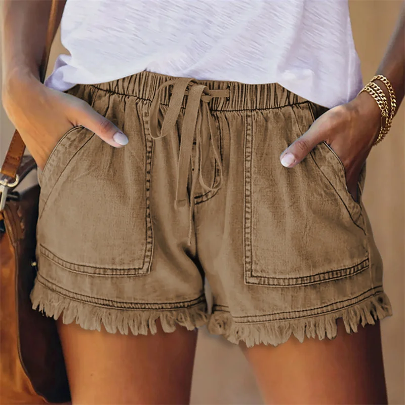 New Women Jeans Shorts Elastic Waist Drawstring Casual High Waist Slim Denim Shorts Female