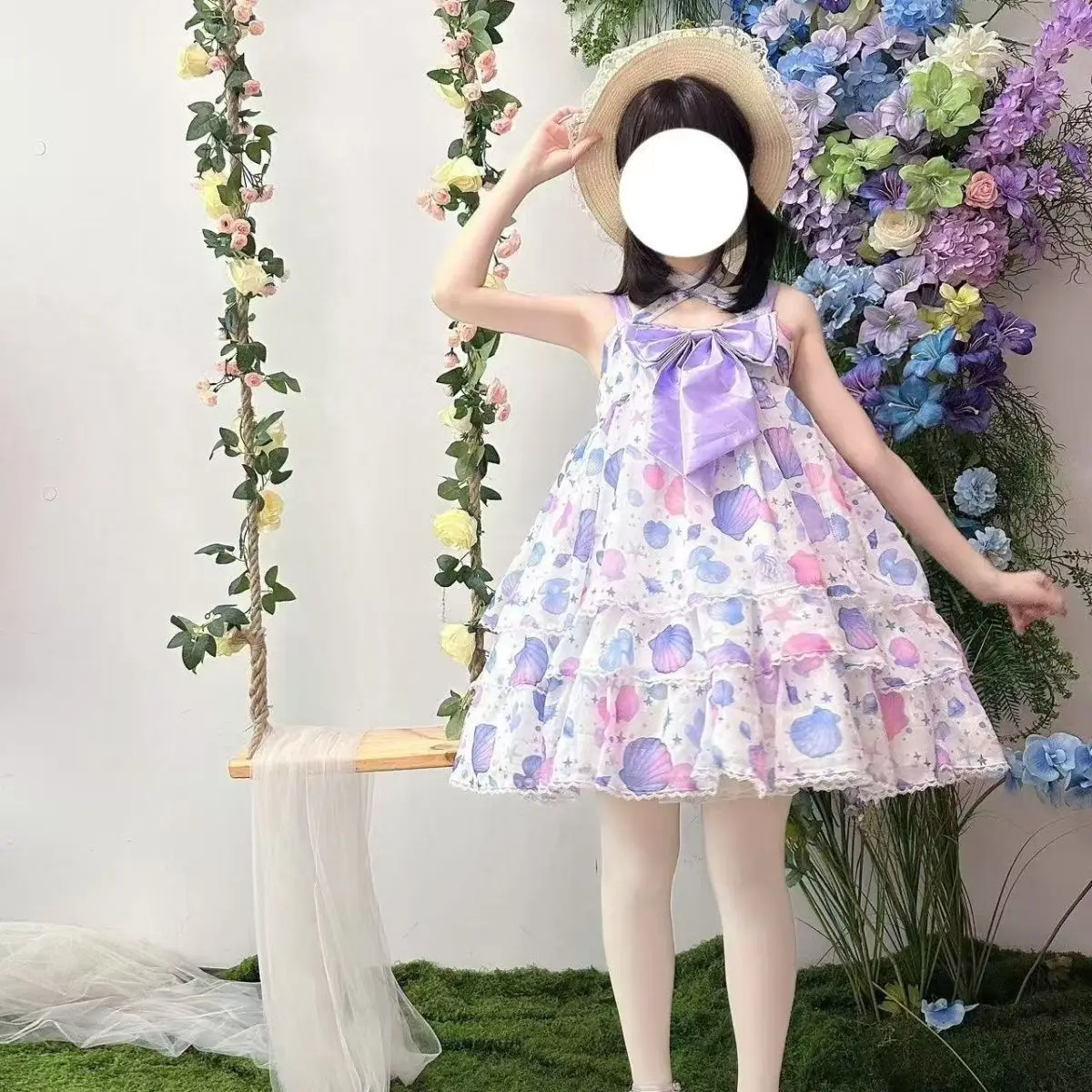 SOIOMES Concha subaquática rosa roxo três camadas bolo saia lolita cinta saia estudante jsk vestido