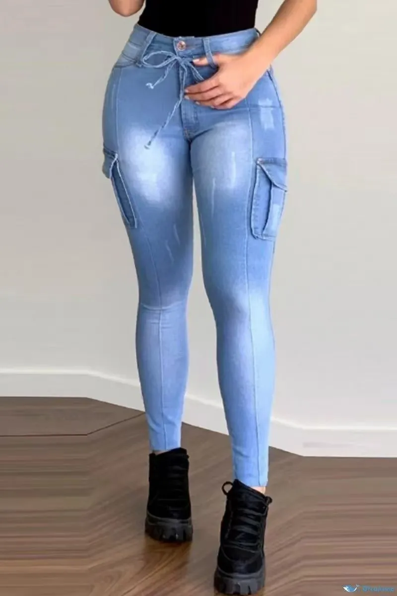 

Women's drawstring belt workwear jeans; slim fit; multiple pockets; tight; casual; stretch; mid-waist; denim ankle pants.