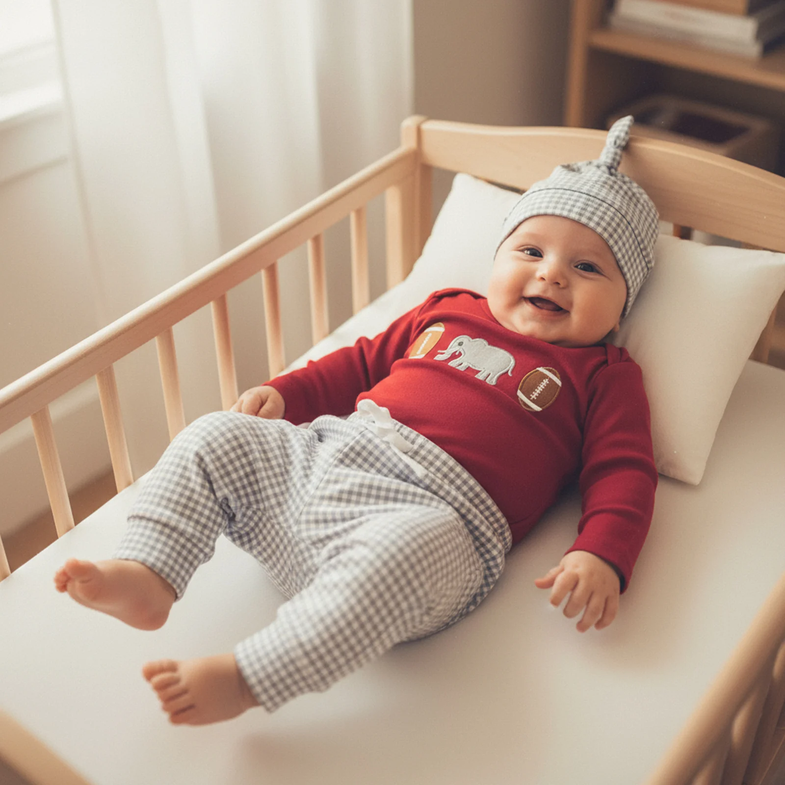 

Baby Boys Pants Set, Long Sleeve Embroidery Rugby Elephant Romper with Plaid Sweatpants and Hat Fall Outfit