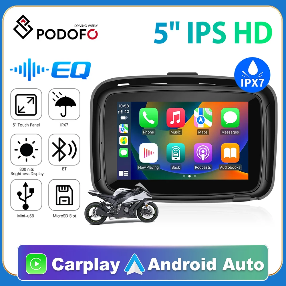 Podofo 5 inch Motorcycle Wireless Apple Carplay Android Auto Portable Navigation GPS Screen IPX7 Motorcycle Waterproof Display