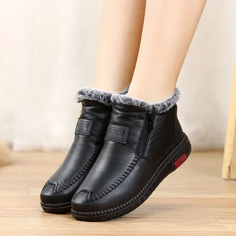 2024 Women\'s Boots Plush Female Shoes Anti-slip Womens Snow Boot Winter Cotton Leather Shoes Casual Ankle Boots Botas Mujer