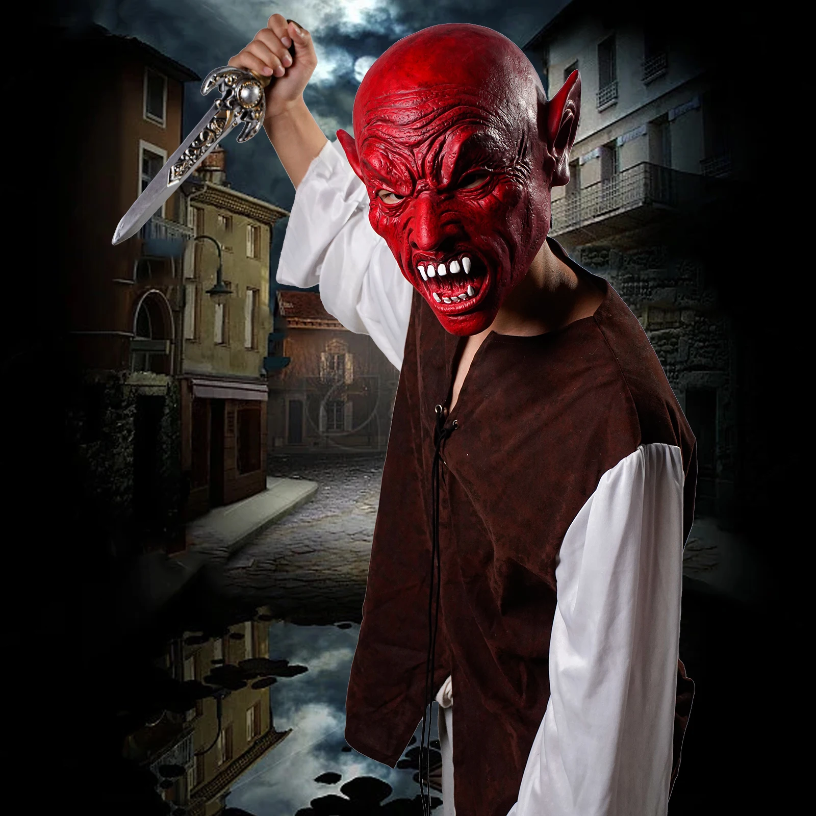 قناع جمجمة مرعب - إكسسوار أزياء الهالوين من اللاتكس مع خطر الأنياب وبقع الدم، مثالي للحفلات الرعب