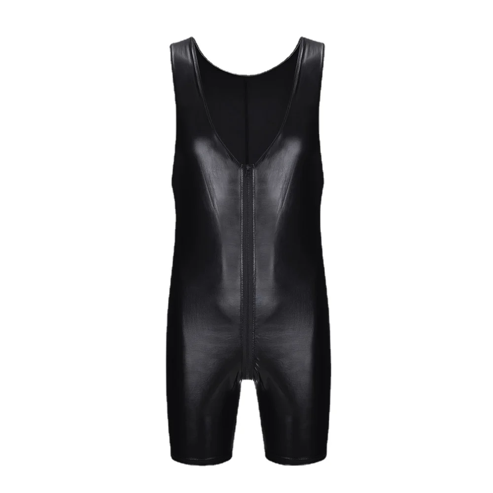 Sexy Mens PU Leather Bodysuits Wrestling Singlet Male Zipper Open Crotch Boxers Jumpsuits Stage Nightclub Leotard Dance Clubwear