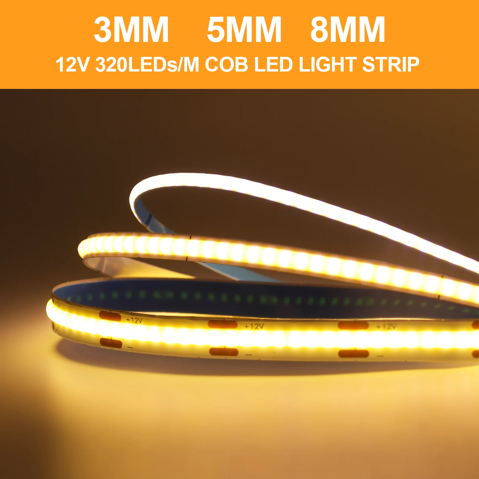 DC5V USB COB LED Strip 3mm 5mm 8mm Width 12V 320LEDs Flexible LED Strip Light with Adhesive High Density Linear Lighting