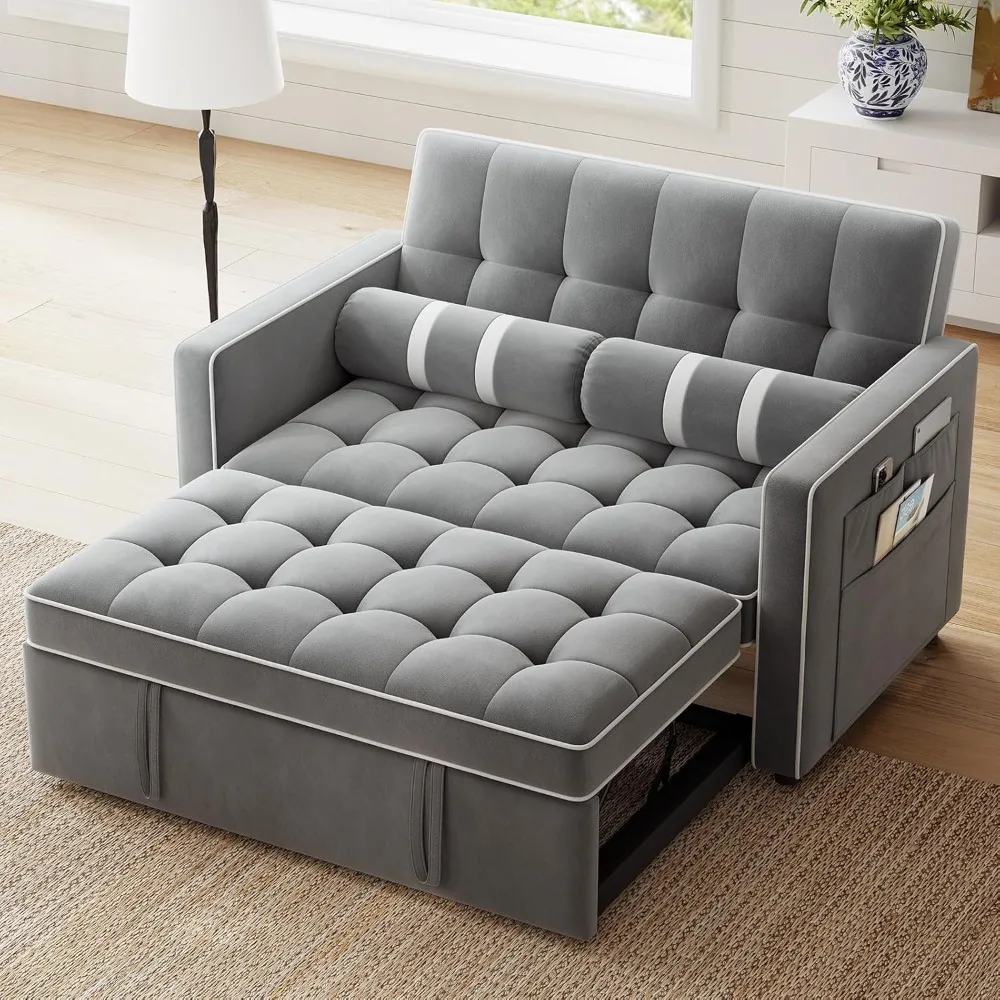 Schlafsofa, 3-in-1-ausziehbare Couch mit USB-Aufladung, Aufbewahrungstaschen und verstellbarer Rückenlehne, Schlafsofa für kleine Räume,