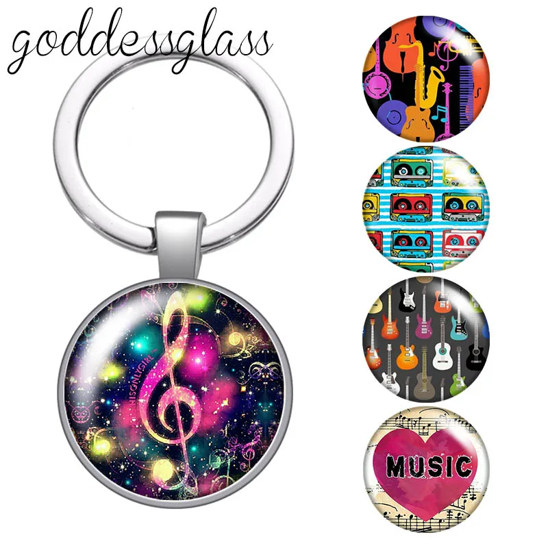 Love Music Guitar Notes musical instruments 25mm glass cabochon keychain Bag Car key chain Ring Holder Charms keychains gift