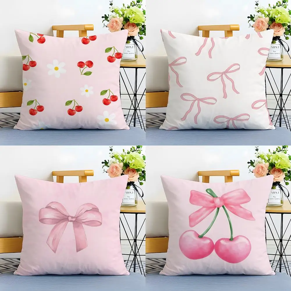 Pink Sweet Lovel Bow Cherry Art Cushion Cover Linen Pillowcase Soft  for Sofa Bed Home Room Decor