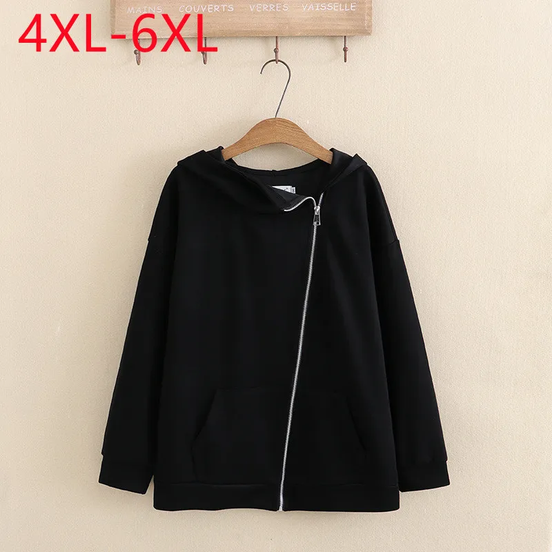 

New 2023 Ladies Spring Autumn Plus Size Tops For Women Large Size Long Sleeve Hooded Black Zipper Coat 4XL 5XL 6XL