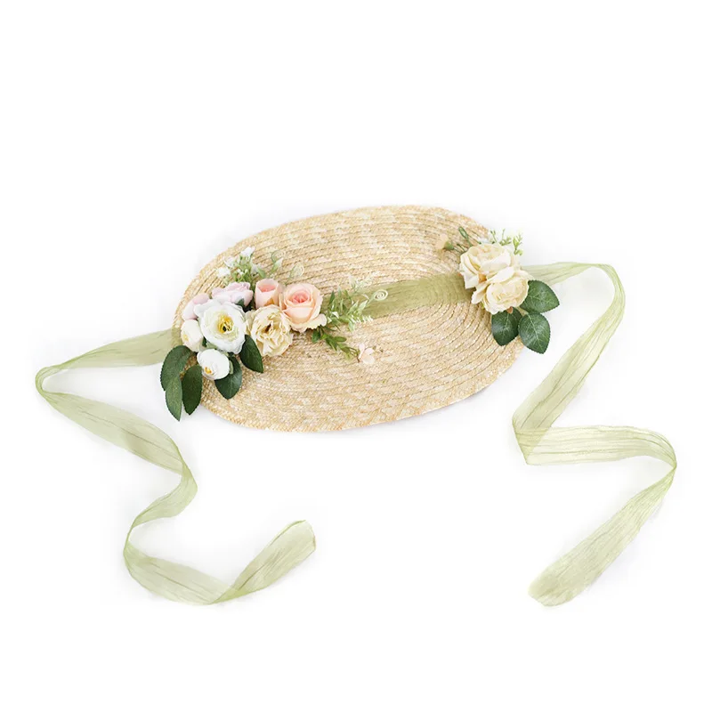 Lolita Headdress Hat Headpiece Hair Accessories Flat Top Hat Ruffle Lace Lolita Straw Hat With Strap Ribbon Flower