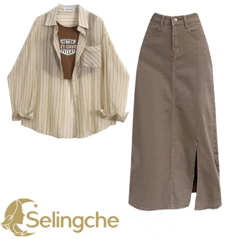 Conjunto informal de estilo sencillo para mujer, camisa a rayas de Color sólido con protección solar y falda sin mangas, novedad de verano 2024