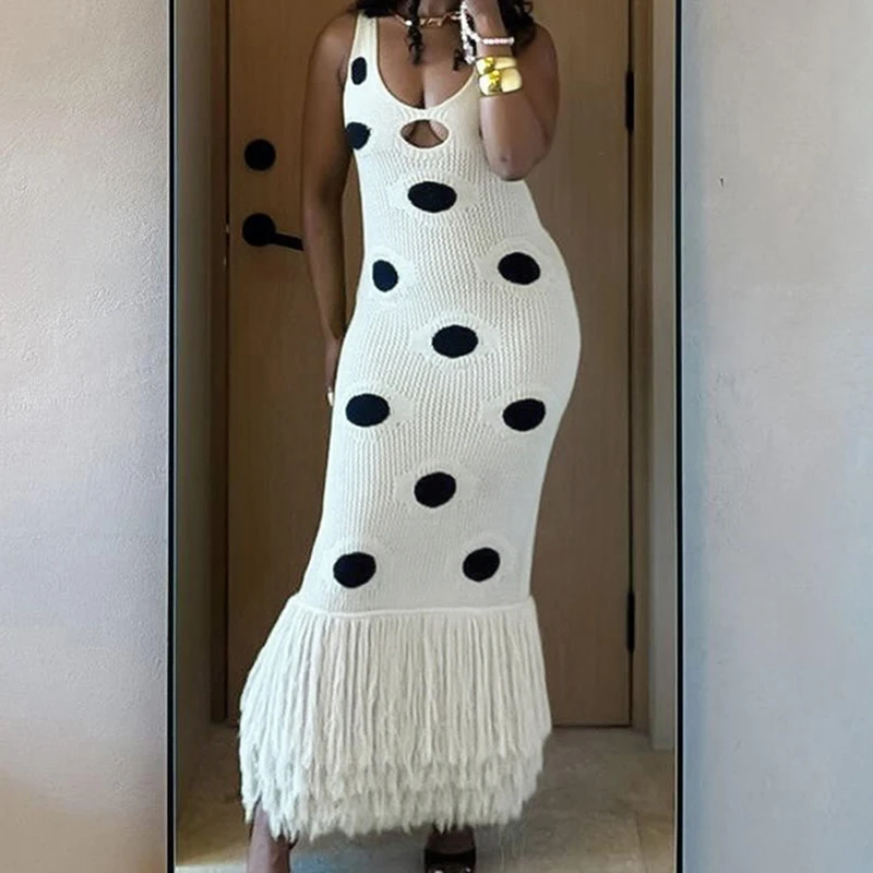 Sexy V-hals Cut-out Holle Lange Jurk Casual Mouwloze Kwastje Splicing Vrouwen Jurk Mode Polka Dot Gedrukt Slanke Feestjurk