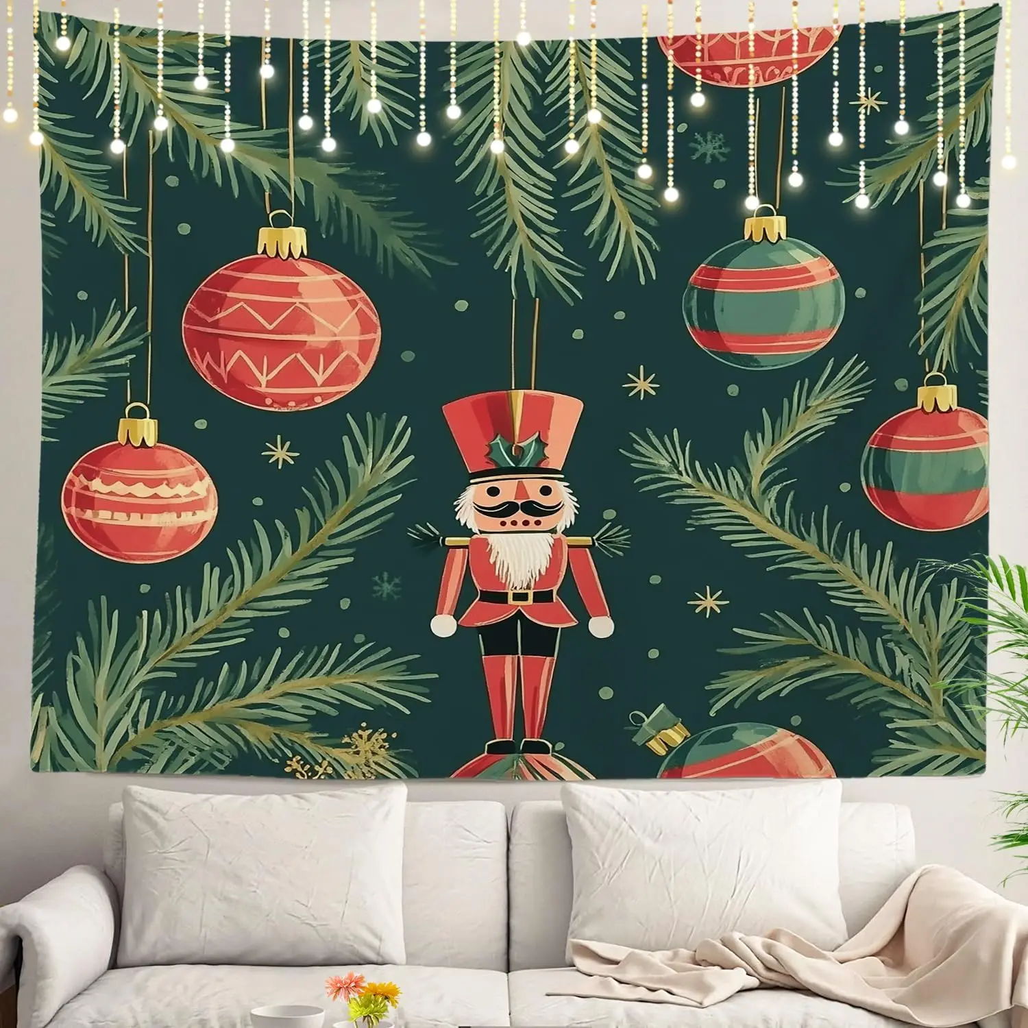 Premium Christmas Tapestry Wall Hanging Santa Lights Ornaments Festive Evergreen Holiday Xmas Decor Backdrop Art Banner