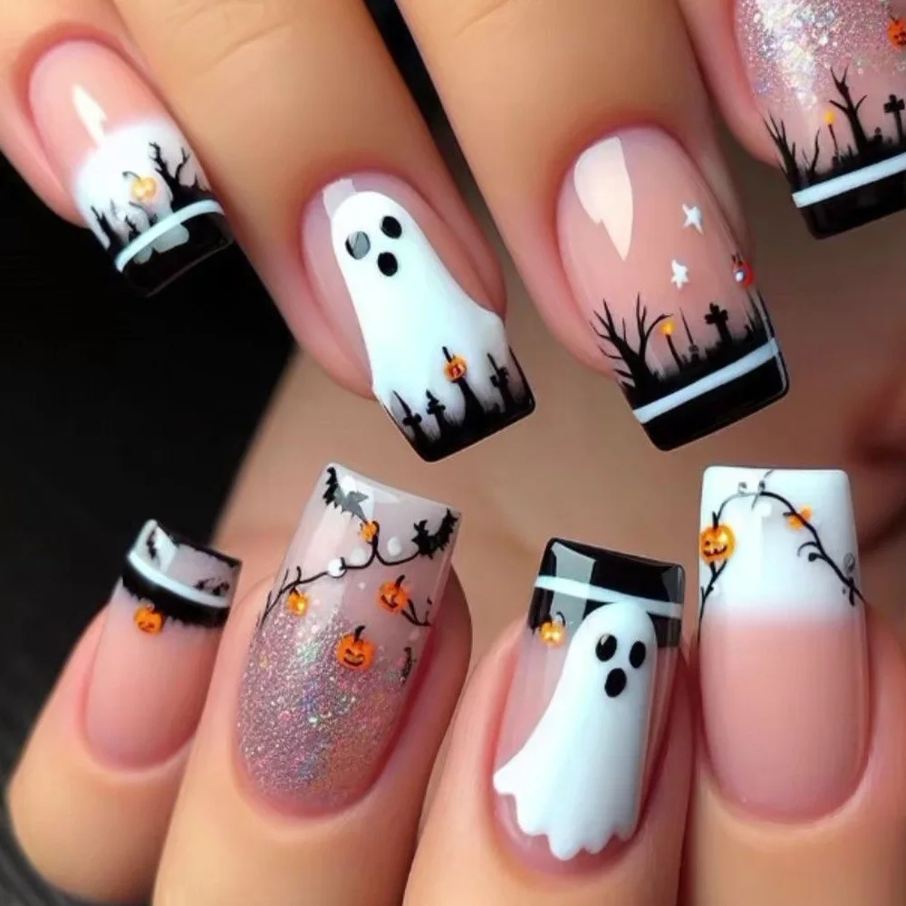 

24 Pcs Halloween Press on Nails Pumpkin Forest Ghost Nail Tips French Reusable False Nails Artificial Nails for Sticking 2025
